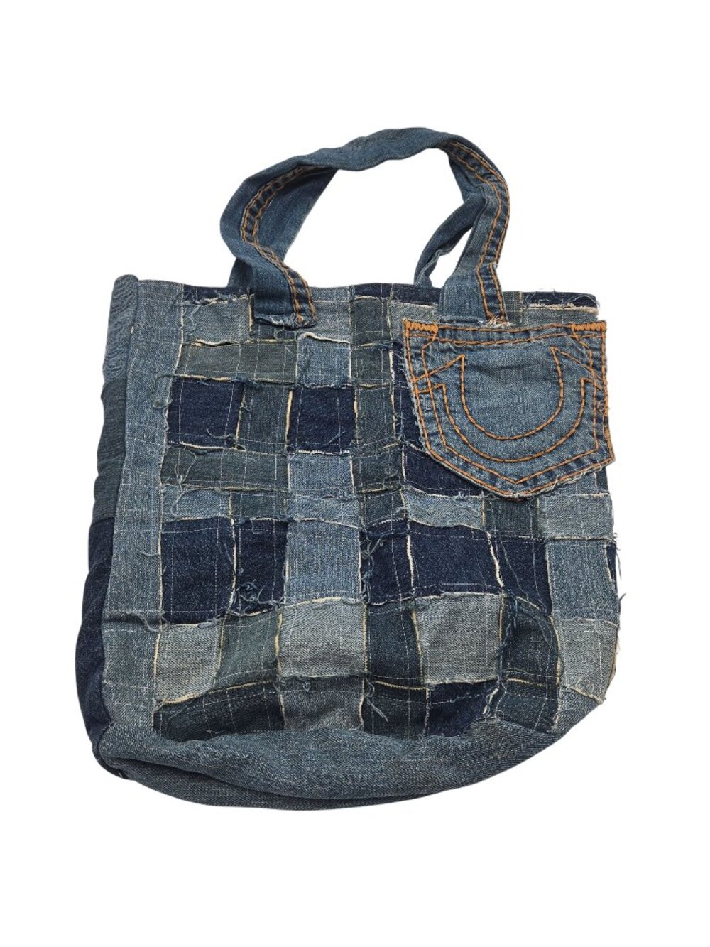 Handmade Denim Patchwork Tote Bag With Red Satin Lining & Pocket Detail